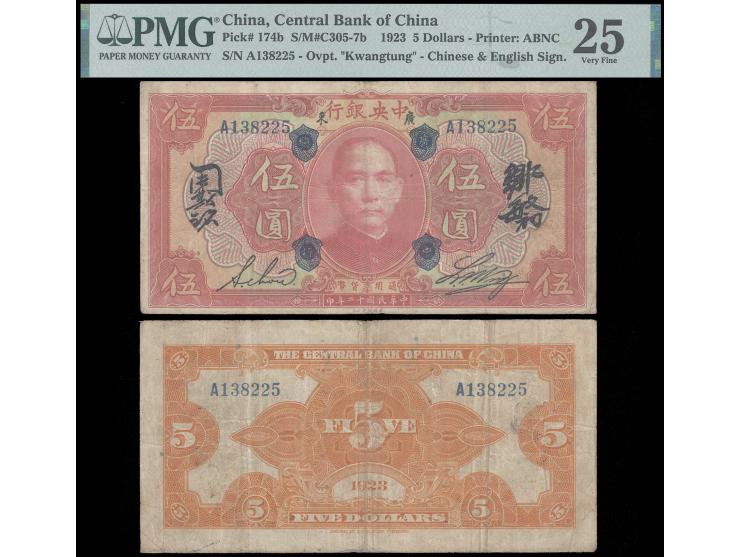 Kwangtung 1923 $5, “Central Bank of China Kwangtung” ovpt on front. Serial No. A138225. Chinese &amp; English signatures, wit