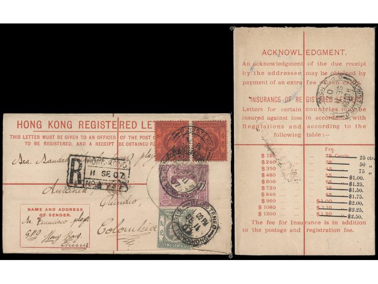uprated by KEVII 4c x 2, tied by Hong Kong Registered cds., with Tebaida, Columbia arrival cachet on reverse. VF-F.