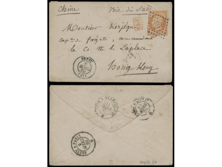 Cover sent from Brest, France on 8 March 1860 addressed to Captain J. de Kerjegu, commanding officer of the French steam frig