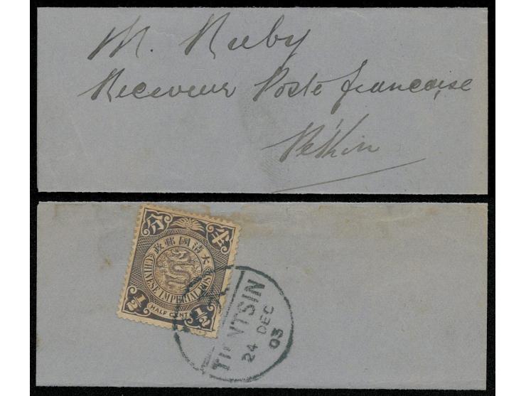 tied by Tientsin 1903 DEC 24 bilingual cds., addressed to Peking. Newspaper wrapper usage; scarce. VF-F.
