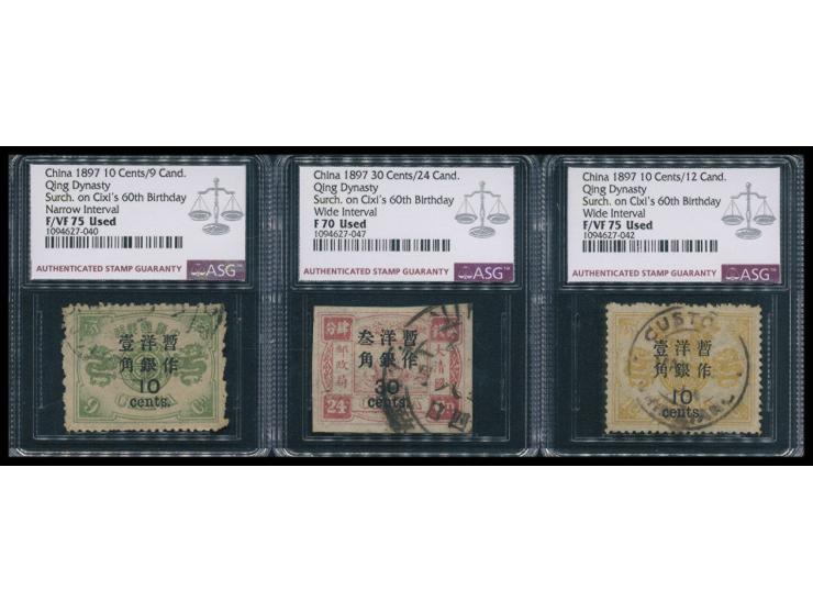 including Dowager 2nd print Large Character Wide Surch. 10c &amp; 30c and Large Character Narrow Surch. 10c. Graded ASG 75 Us