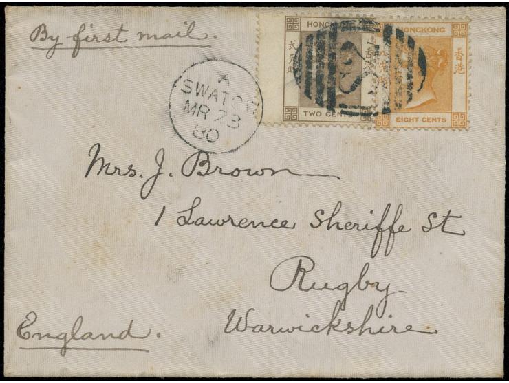 bearing QV 2c (wing margin) &amp; 8c, tied by clear S2 obliterator, along with Swatow cds., on reverse with Hong Kong transit