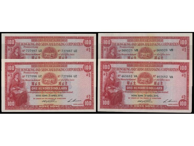 1970 $100 x 4 (KNB70n), serial nos.: 727086 UZ, 727087 UZ, 368523 VB and 465682 VB. XF to AU.
