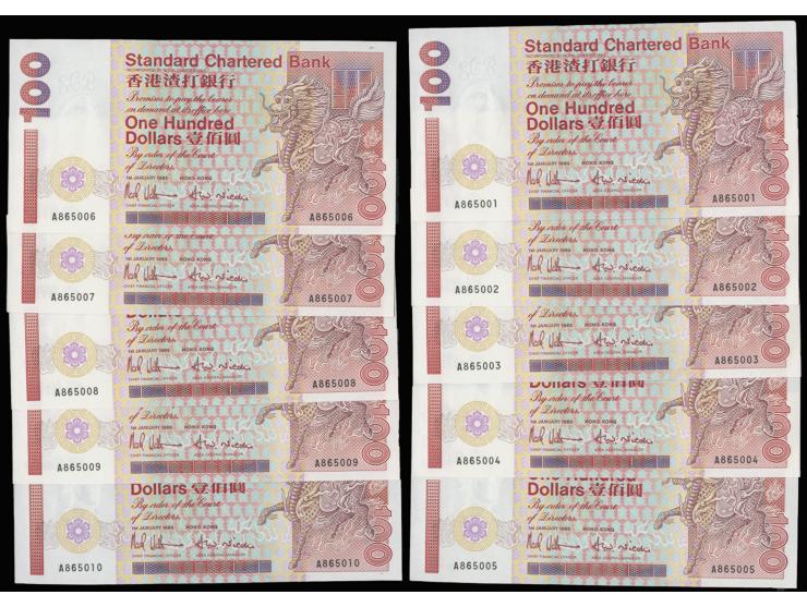 1993 $100 x 10 (KNB66a), consecutive serial nos.: A865001-A865010. UNC/AU+.
