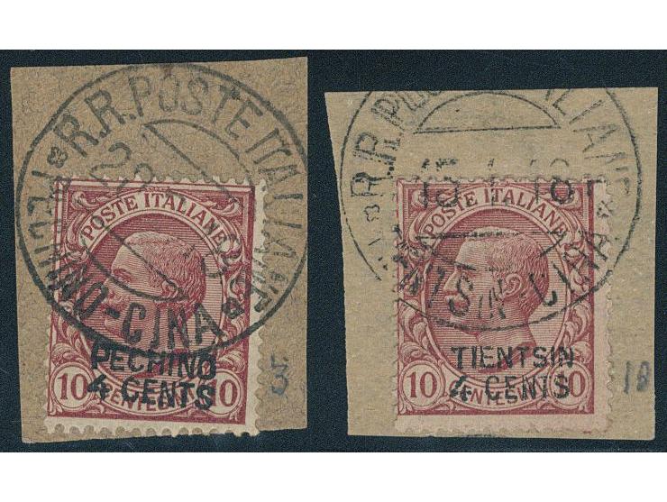 one surch. with Pechino 4c on 10c, the other surch. with Tientsion 4c on 10c. Both tied by Italian PO cds. VF-F.
