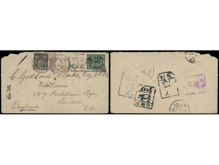 f.w. CIP 10c and French PO in China stamp 25c, tied by tombstone Post office mark and Shanghai French PO cds. respectively. O