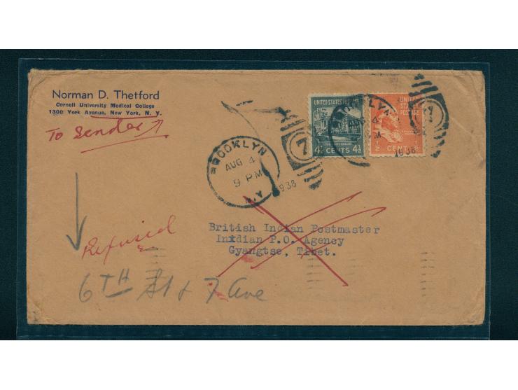 f.w. U.S. stamp 1/2c and 4 1/2c, tied by Brooklyn cds. On reverse with New York and Gyantse, Tibet transit cds. VF-F.

