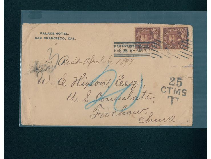 f.w. U.S. stamp 5c x 2, tied by San Francisco date stamp, along with 25 CTMS Taxed cachet. On reverse with Foochow arrival cd