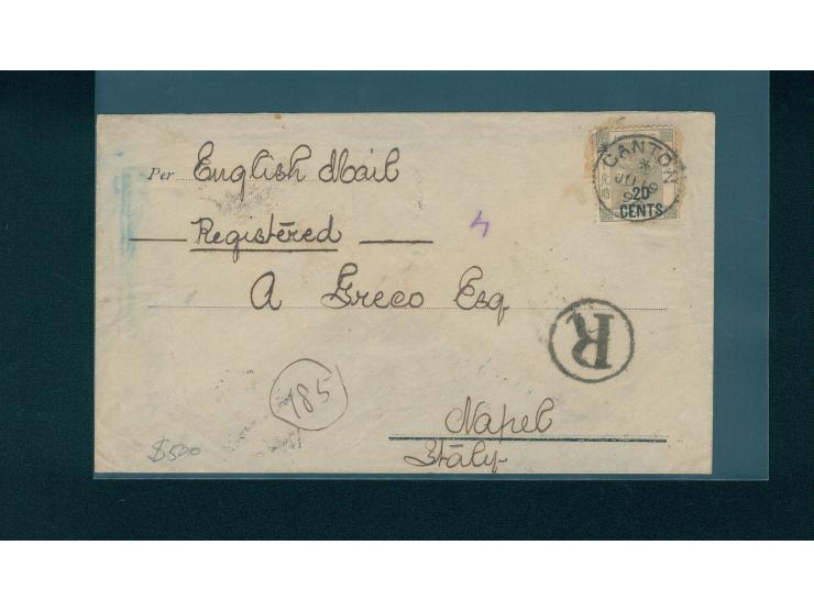 f.w. Hong Kong QV 20c surch. on 30c, tied by Canton Br. PO cds., along with "R" registered cachet. On reverse with Hong Kong 