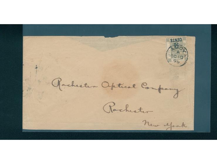 f.w. Hong Kong QV 20c surch. on 30c, tied by Amoy cds.. On reverse with U.S. Tacoma Wash transit and Rochester, New York arri