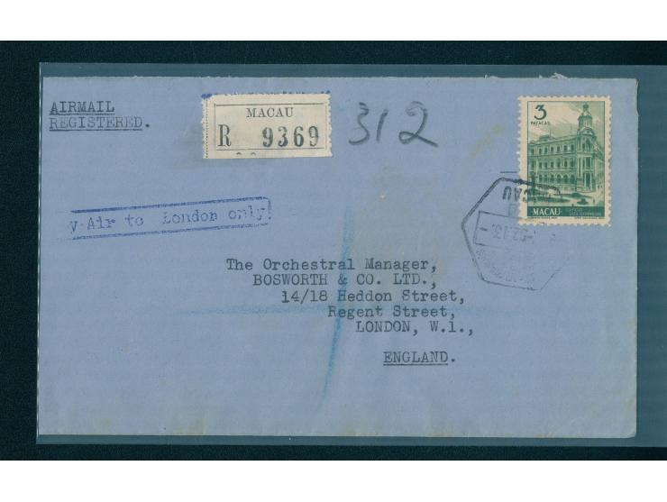 f.w. View of Macau 3p, tied by Macau date stamp, with a registered label and "By Air to London Only" cachet alongside, on rev