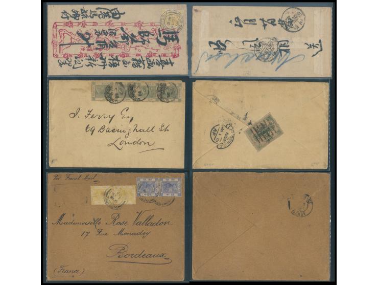 sent to London, France, China respecitvely. One bearing a Dowager Small Figure surch. 10c on 9Cd stamp, canceled by Pakua mar