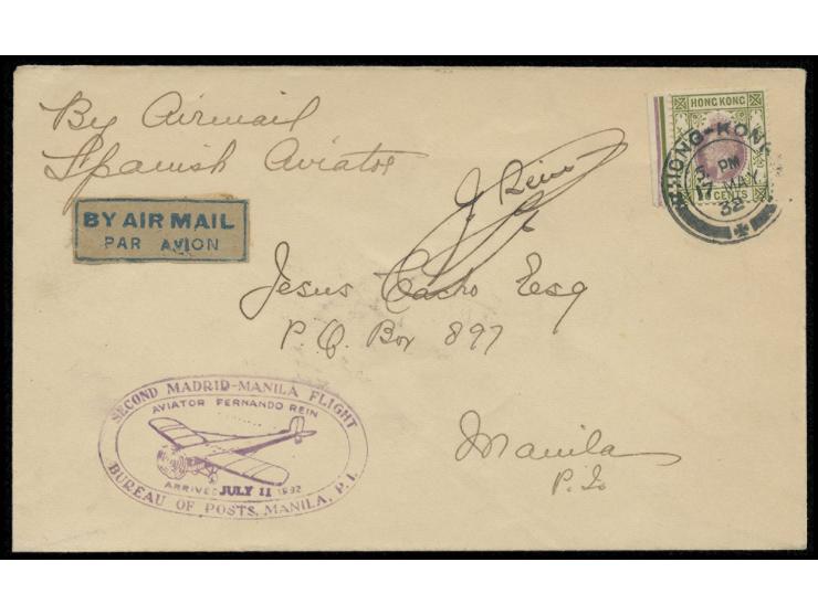bearing KGV 20c, tied by HK cds., along with oval violet cachet "SECOND MADRID-MANILA FLIGHT" commemorative cachet. Arrival m