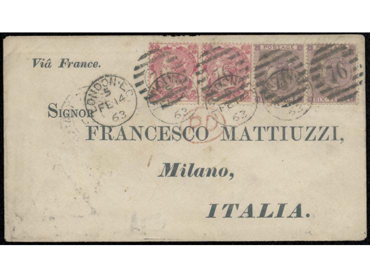 f.w. GB QV 3c (AO, BO) &amp; 6c JQ, KQ)pairs, tied by #76 obliterators and London cds., showing on reverse transit and arriva