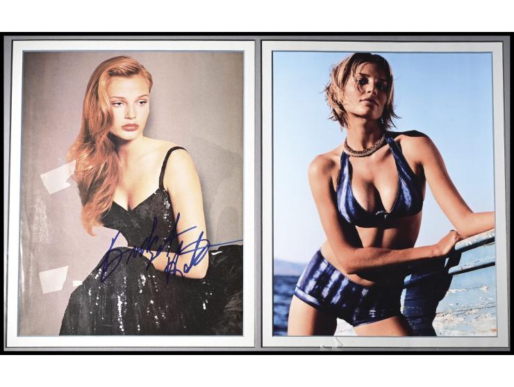featuring a studio portrait in black evening wear and a beach fashion pose, showcasing the iconic supermodel style of the 199