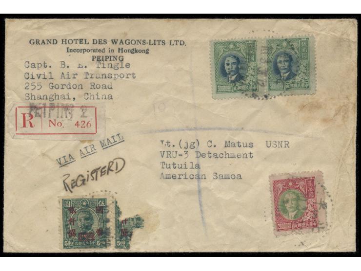 f.w. SYS stamps x 4, tied by Peiping cds., on reverse with Australia transit and Samoa arrival cds. VF-F.
