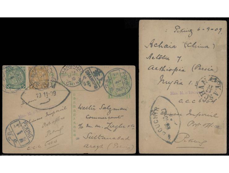 uprated by CIP 1c &amp; 2c, tied by Peking cds., along with Shanghai Chinese PO, French PO and Persia transit marks, on rever