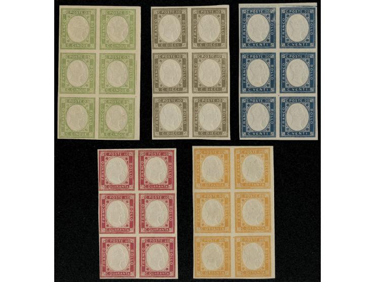 complete set in block of 6 (Sassone n. 1-5, catalogue value €400/set, total €2,400+ for a block of 6). MNH with full original