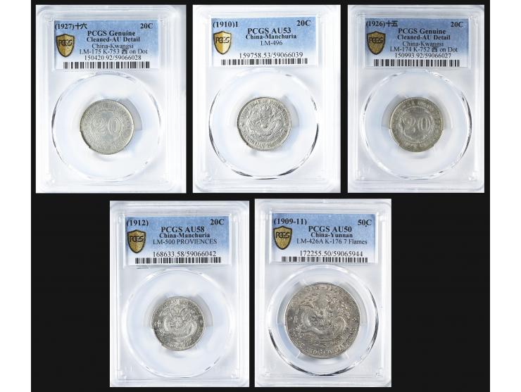comprising Hsuan Tung Yuan Pao Manchuria (1910)1 &amp; (1912) 20c, (1909-11) Yunnan 50c, ROC 1926 20c and 1927 20c. Graded PC