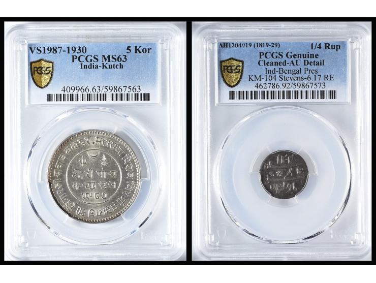 comprising (1819-29) India Bengal Pres 1/4 Rup and VS1987-1930 India-Kutch 5 Kor. Graded PCGS AU Detail and MS63 respectively