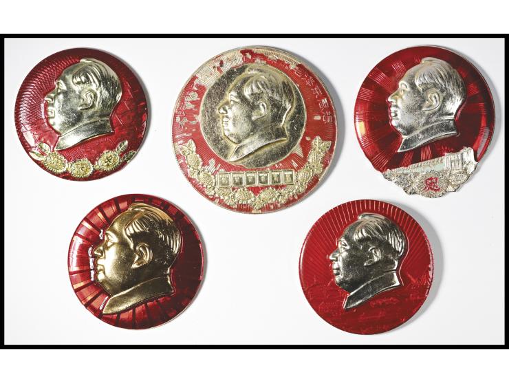 The obverse of the badges predominantly showcases profile busts of Mao Zedong set against striking red backgrounds, adding hi