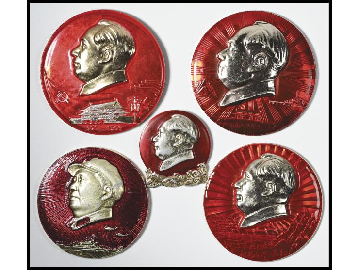 The obverse of the badges predominantly showcases profile busts of Mao Zedong set against striking red backgrounds, adding hi