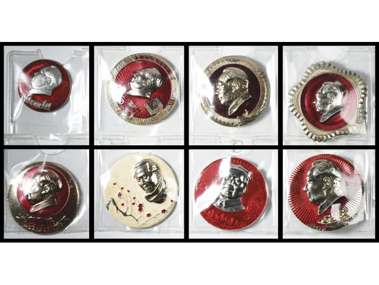 The obverse of the badges predominantly showcases profile busts of Mao Zedong set. Historical and research significance.
