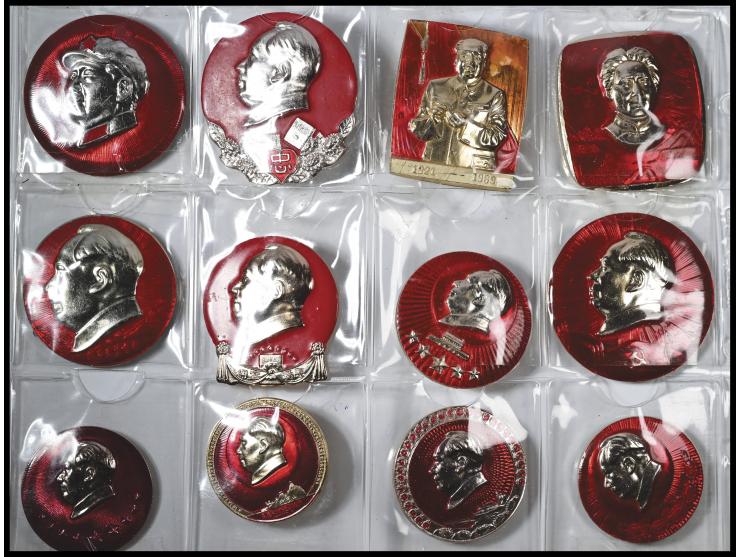 The obverse of the badges predominantly showcases profile busts of Mao Zedong set against striking red backgrounds, adding hi