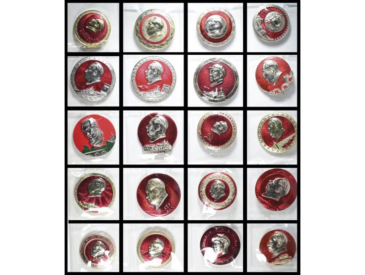 The obverse of the badges predominantly showcases profile busts of Mao Zedong set against striking red backgrounds, adding hi