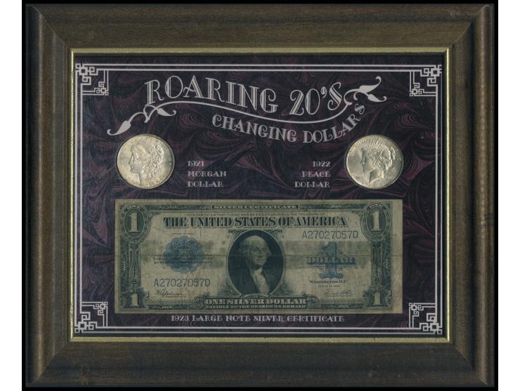 featuring 1921 Morgan Silver Dollar, 1922 Peace Silver Dollar and 1923 $1 Silver Dollar banknote. Elegantly housed in a 9.5" 