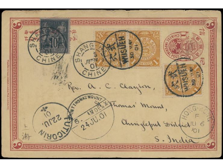 uprated by CIP 1c x 3, mixed franking with French PO in China 25c, tied by uncommon Wuhsue bisected cds. and Shanghai French 