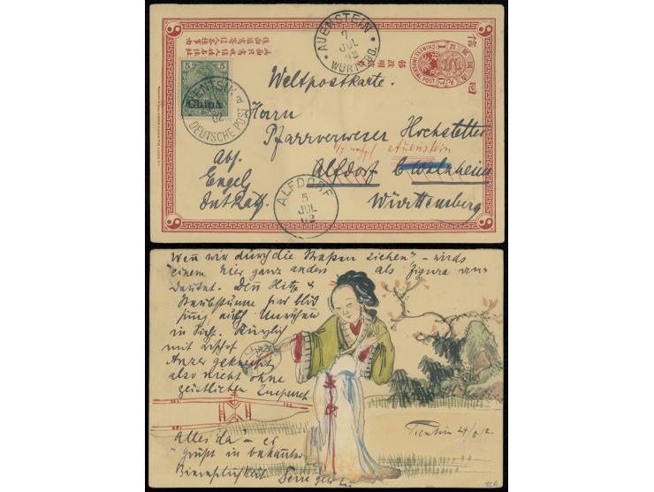 uprated by German PO in China 5Pf, tied by Tientsin German PO cds., along with Germany transit and arrival cds. VF-F.
