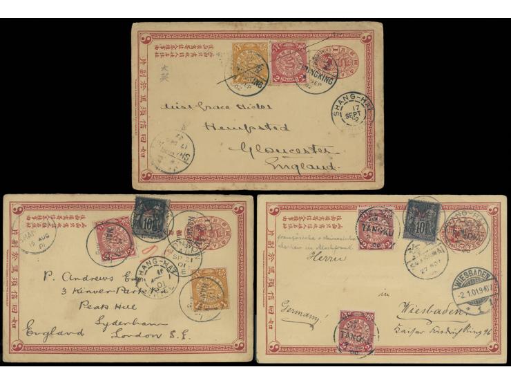 from Tangku, Nanking and Chungking to England and Germany, two with French PO in China issues combination. VF-F.
