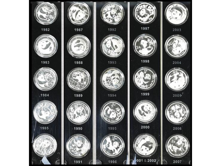 comprising 25 pieces of 1/4 oz 3 Yuan Proof coins dated from 1982 to 2007, preserved in original sealed packaging. Please vie