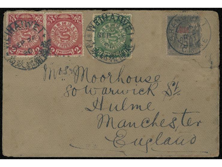 mixed franking with CIP 2c x 2, 10c x 1 and French PO in China 25c, tied by Weihaiwei double ring cds. and Shanghai French PO