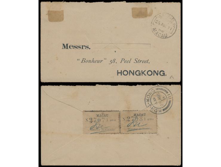 f.w. Postmaster signature Label 1a x 2, along with Hong Kong arrival cds. On front with Macau cds. Address cut out small part