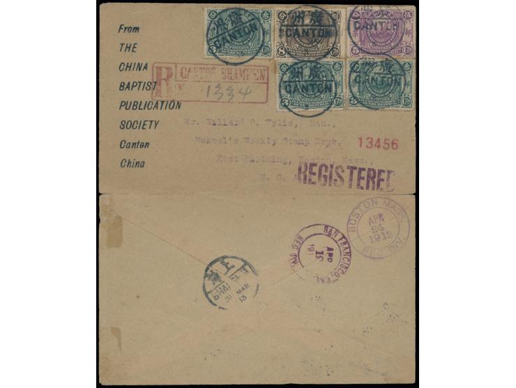 f.w. The Republic Commemorative issues x 5, tied by Canton cds., on reverse with Shanghai, San Francisco transit and Boston a