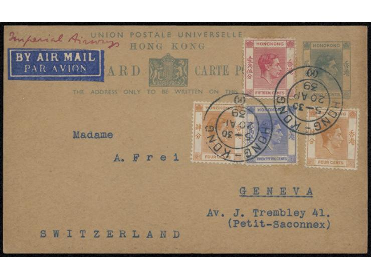 uprated by KGVI 4c x 2, 14c &amp; 25c, tied by HK (K) cds., endorsed "Imperial Airways" at upper left. Rare usage. VF-F.
