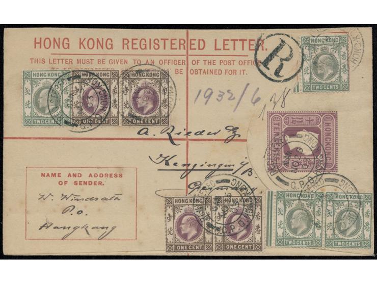 uprated by KEVII 1c x 4 &amp; 2c x 4, tied by HK REGISTERED cds., arrival cds. on reverse. VF-F.
