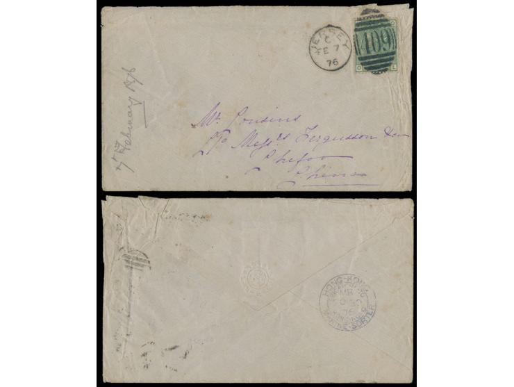 f.w. British stamps, tied by 409 obliterator, along with Jersey cds., on reverse with Singapore to Hong Kong Marine Sorter cd