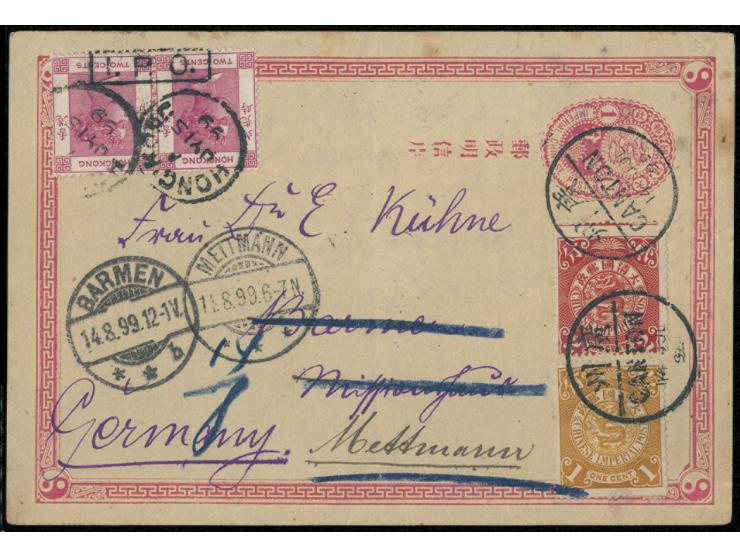 mixed franking with CIP 1c, 2c and Hong Kong QV 2c pair, tied by Canton bisected cds. (very early use example) and Hong Kong 