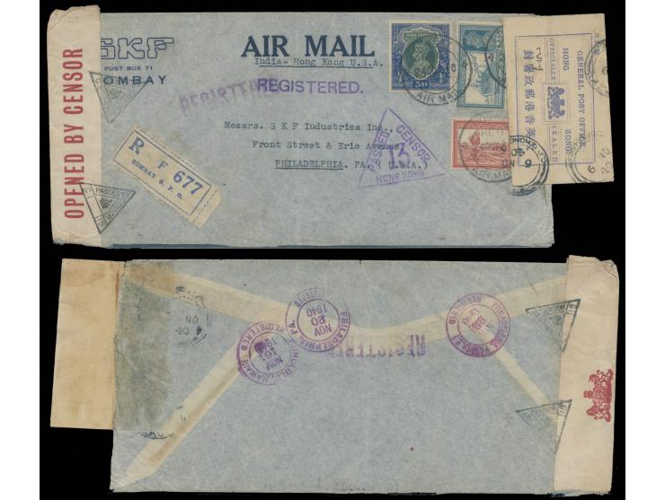 f.w. India stamp x 3, tied by Bombay airmail cds., along with Hong Kong Censor cachet and rare Hong Kong official seal stamp.