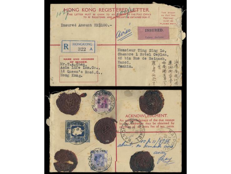uprated by KGVI 50c and 25c on reverse, teid by Hong Kong cds., along with Haiphong transit and Hanoi arrival cds. On front w