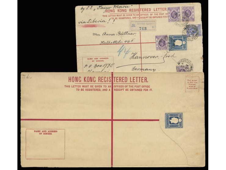 the size H envelope, uprated by KGV issues from Hong Kong sent to Germany, the size K envelope unused.
