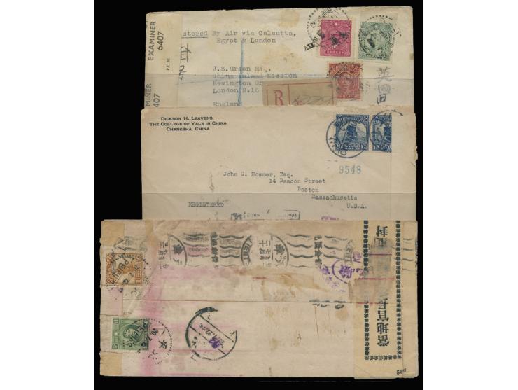 including a 1933 domestic censored cover from Peiping to Tientsin, one WWI and a WWII censored cover. VF-F.
