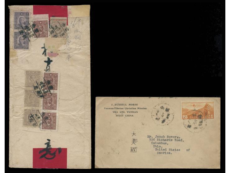 one f.w. Airmail Issues 25c, from Yunnan Yetsi to U.S.A., the other f.w. SYS issues x 10, from Yunnan Heking to Lichiang.