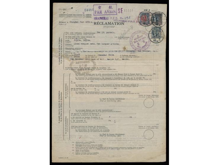 tied by Shanghai cds., on reverse showing U.S. post office reply slip. Rare. VF-F.
