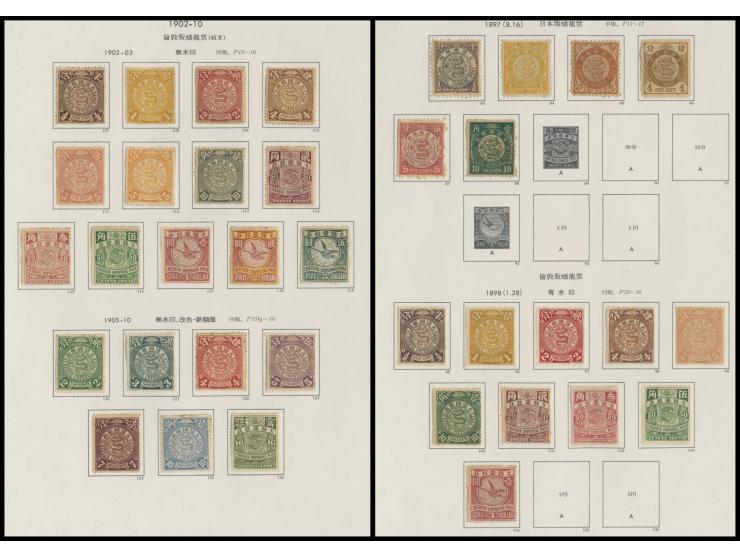 holding on 2 album pages, including a complete set of Unwmked London Print Coiling Dragon and some others. All MH. VF-F.