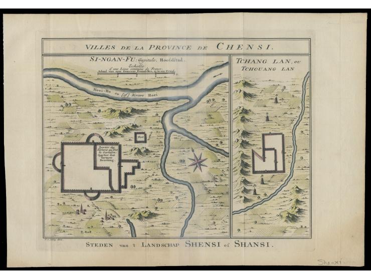 depicting Si-ngan-fu (Xian) and Tchouang Ian with fortified city plans, rivers, and surrounding landscapes. A decorative Euro