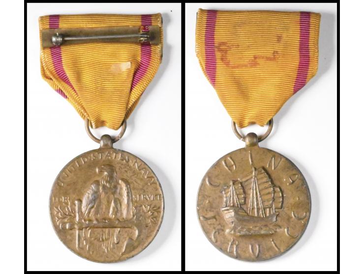 bronze circular medal, obv. Chinese junk sailing left with “CHINA SERVICE” legend; rev. American eagle perched on an anchor w